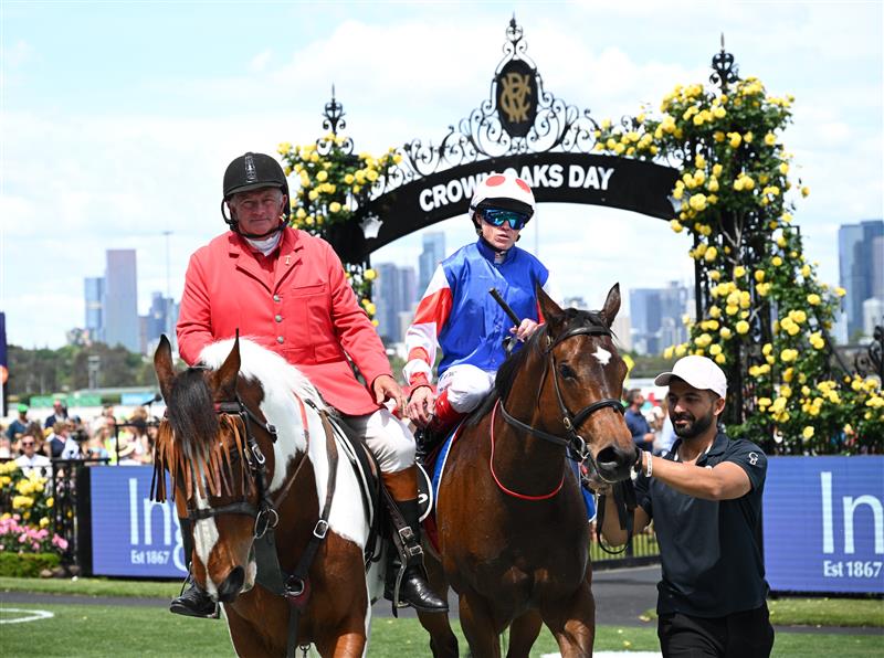 MELBOURNE, AUSTRALIA - NOVEMBER 06: Craig Williams riding Verona Rose after winning Race 3, the Inglis Bracelet during Oaks Day at Flemington Racecourse on November 06, 2025 in Melbourne, Australia. (Photo by Vince Caligiuri/Getty Images)