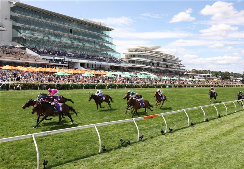 MELBOURNE, AUSTRALIA - NOVEMBER 06: Damian Lane rides #9 Al Duca to win race four the Good Friday Appeal Trophy during Oaks Day at Flemington Racecourse on November 06, 2025 in Melbourne, Australia. (Photo by Robert Cianflone/Getty Images)