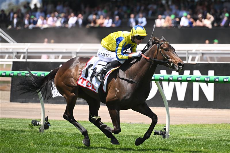 MELBOURNE, AUSTRALIA - NOVEMBER 06: Jamie Mott riding First Chorus winning Race 1, the Tcl Trophy during Oaks Day at Flemington Racecourse on November 06, 2025 in Melbourne, Australia. (Photo by Vince Caligiuri/Getty Images)