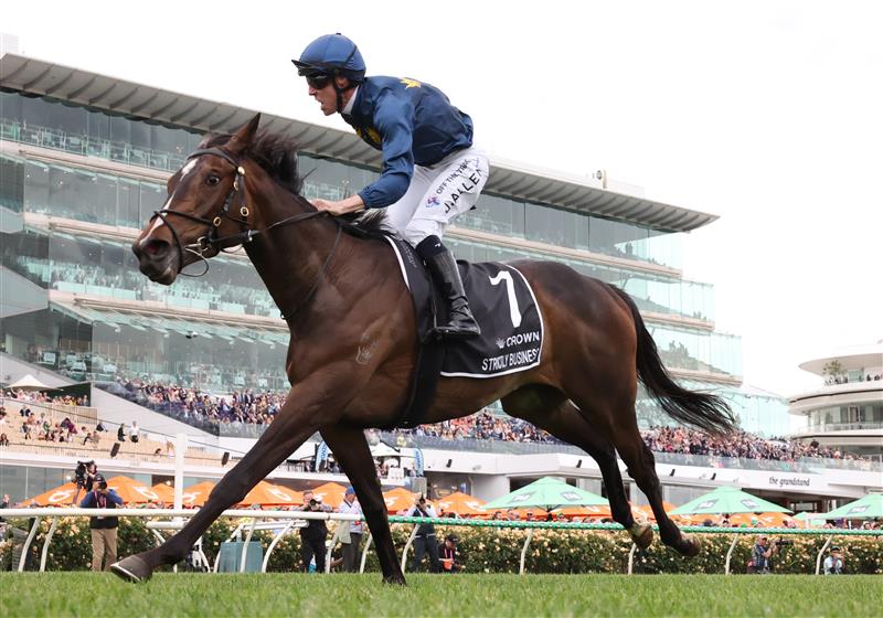 MELBOURNE, AUSTRALIA - NOVEMBER 06: John Allen rides #7 Strictly Business to win race eight the Crown Oaks during Oaks Day at Flemington Racecourse on November 06, 2025 in Melbourne, Australia. (Photo by Robert Cianflone/Getty Images)