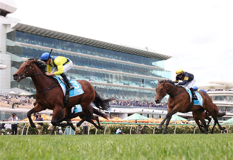 MELBOURNE, AUSTRALIA - NOVEMBER 06: Michael Dee rides #3 Apulia to win race five the Channel 9 Chester Manifold Stakes during Oaks Day at Flemington Racecourse on November 06, 2025 in Melbourne, Australia. (Photo by Robert Cianflone/Getty Images)