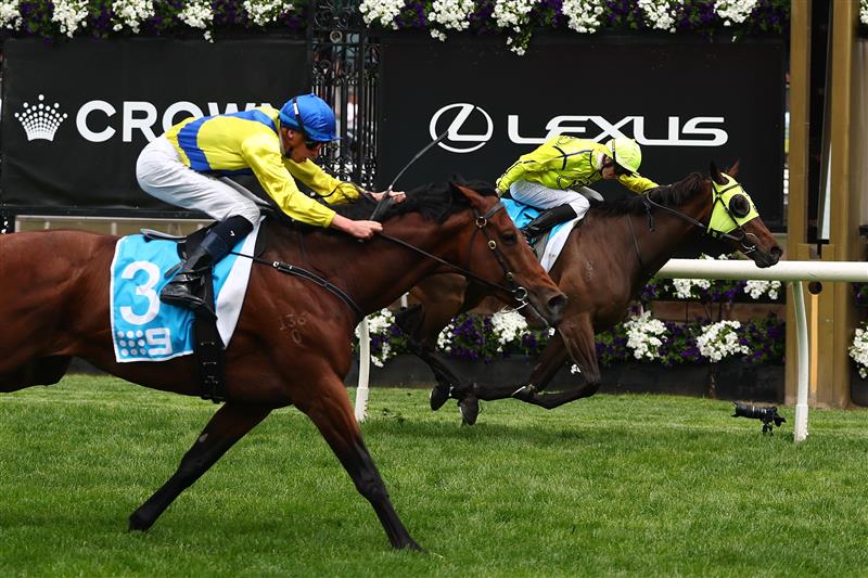 MELBOURNE, AUSTRALIA - NOVEMBER 06: Michael Dee rides Apulia (R) to win race five the Channel 9 Chester Manifold Stakes during Oaks Day at Flemington Racecourse on November 06, 2025 in Melbourne, Australia. (Photo by Daniel Pockett/Getty Images)