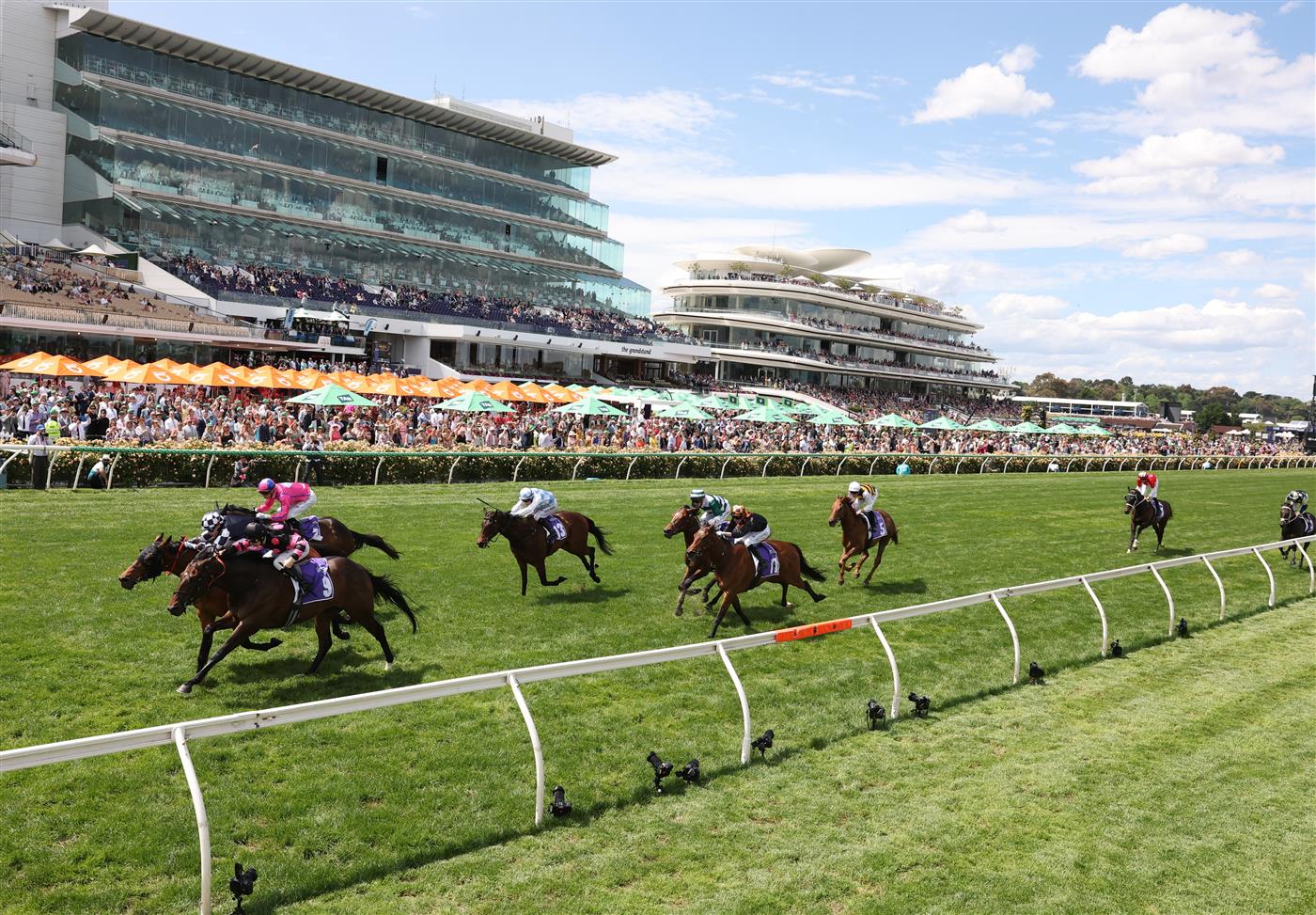 MELBOURNE, AUSTRALIA - NOVEMBER 06: Damian Lane rides #9 Al Duca to win race four the Good Friday Appeal Trophy during Oaks Day at Flemington Racecourse on November 06, 2025 in Melbourne, Australia. (Photo by Robert Cianflone/Getty Images)