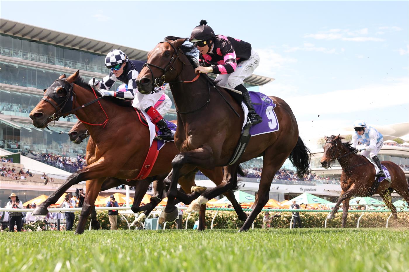 MELBOURNE, AUSTRALIA - NOVEMBER 06: Damian Lane rides #9 Al Duca to win race four the Good Friday Appeal Trophy during Oaks Day at Flemington Racecourse on November 06, 2025 in Melbourne, Australia. (Photo by Robert Cianflone/Getty Images)