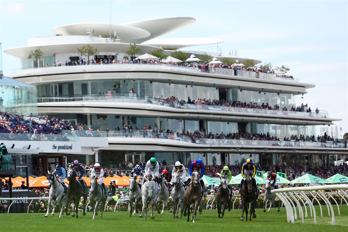 MELBOURNE, AUSTRALIA - NOVEMBER 06: James McDonald rides Getafix to win race two the Rda Subzero Handicap during Oaks Day at Flemington Racecourse on November 06, 2025 in Melbourne, Australia. (Photo by Morgan Hancock/Getty Images)