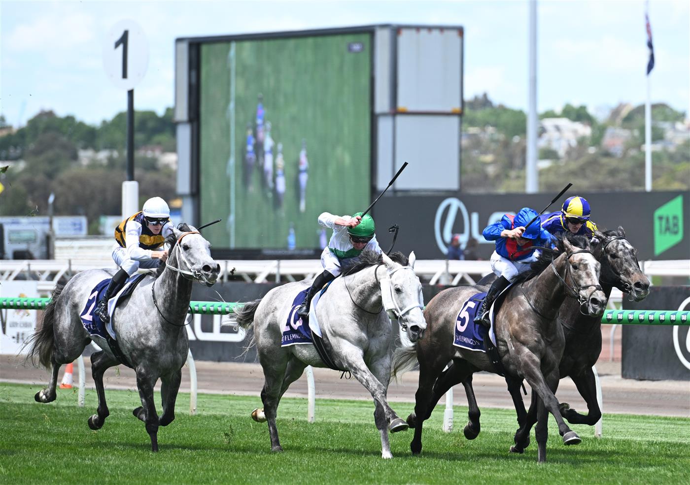 MELBOURNE, AUSTRALIA - NOVEMBER 06: James McDonald riding Getafix winning Race 2, the Rda Subzero Handicap during Oaks Day at Flemington Racecourse on November 06, 2025 in Melbourne, Australia. (Photo by Vince Caligiuri/Getty Images)