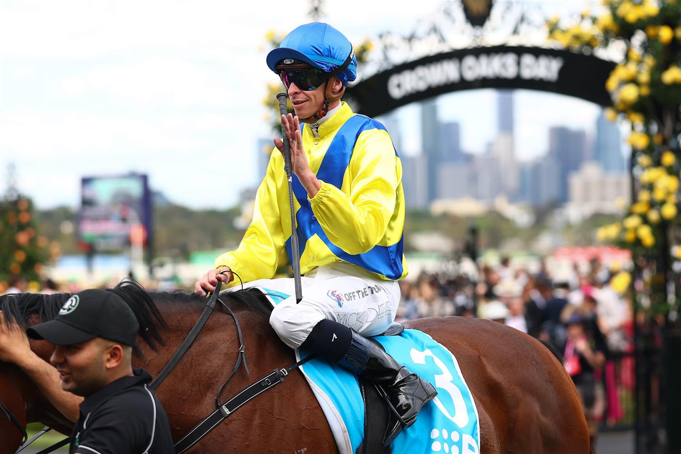 MELBOURNE, AUSTRALIA - NOVEMBER 06: Michael Dee rides Apulia to win race five the Channel 9 Chester Manifold Stakes during Oaks Day at Flemington Racecourse on November 06, 2025 in Melbourne, Australia. (Photo by Daniel Pockett/Getty Images)