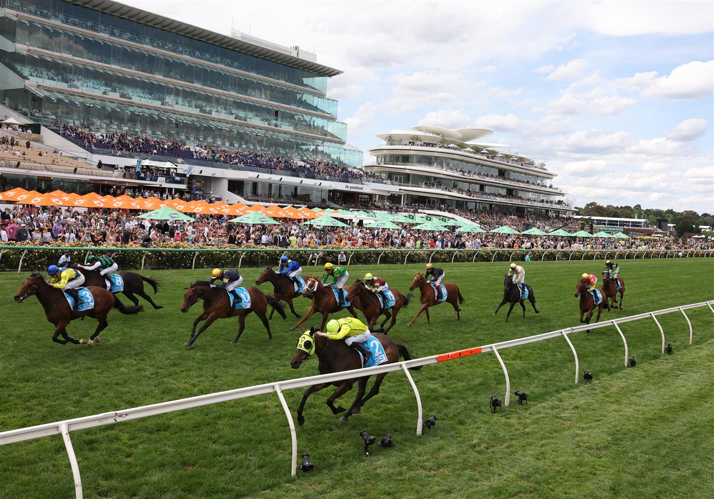 MELBOURNE, AUSTRALIA - NOVEMBER 06: Michael Dee rides #3 Apulia to win race five the Channel 9 Chester Manifold Stakes during Oaks Day at Flemington Racecourse on November 06, 2025 in Melbourne, Australia. (Photo by Robert Cianflone/Getty Images)