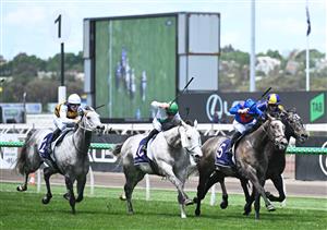 MELBOURNE, AUSTRALIA - NOVEMBER 06: James McDonald riding Getafix winning Race 2, the Rda Subzero Handicap during Oaks Day at Flemington Racecourse on November 06, 2025 in Melbourne, Australia. (Photo by Vince Caligiuri/Getty Images)