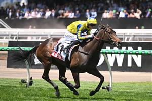MELBOURNE, AUSTRALIA - NOVEMBER 06: Jamie Mott riding First Chorus winning Race 1, the Tcl Trophy during Oaks Day at Flemington Racecourse on November 06, 2025 in Melbourne, Australia. (Photo by Vince Caligiuri/Getty Images)