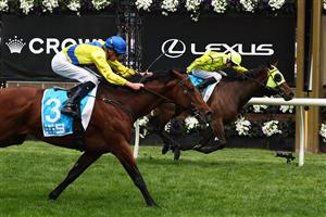 MELBOURNE, AUSTRALIA - NOVEMBER 06: Michael Dee rides Apulia (R) to win race five the Channel 9 Chester Manifold Stakes during Oaks Day at Flemington Racecourse on November 06, 2025 in Melbourne, Australia. (Photo by Daniel Pockett/Getty Images)