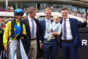 MELBOURNE, AUSTRALIA - NOVEMBER 06: Michael Dee poses with JD Hayes, Will Hayes & trainer Ben Hayes after riding Apulia to win race five the Channel 9 Chester Manifold Stakes during Oaks Day at Flemington Racecourse on November 06, 2025 in Melbourne, Australia. (Photo by Daniel Pockett/Getty Images)