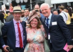 MELBOURNE, AUSTRALIA - NOVEMBER 06: Trainer Thomas Carberry (L) poses with champion Irish trainer Willie Mullins (r) after Strictly Business won Race 8, the Crown Oaks during Oaks Day at Flemington Racecourse on November 06, 2025 in Melbourne, Australia. (Photo by Vince Caligiuri/Getty Images)