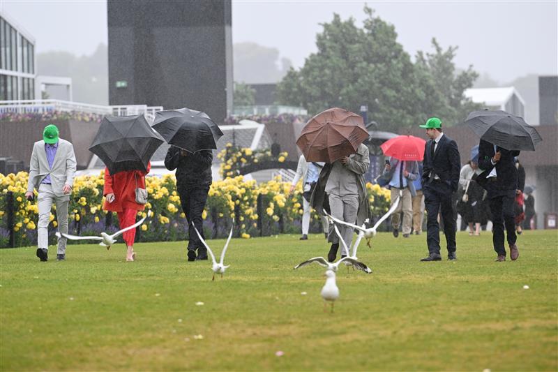 MELBOURNE, AUSTRALIA - NOVEMBER 08: General view of racegoers in the rain during Champions Day at Flemington Racecourse on November 08, 2025 in Melbourne, Australia. (Photo by Vince Caligiuri/Getty Images)
