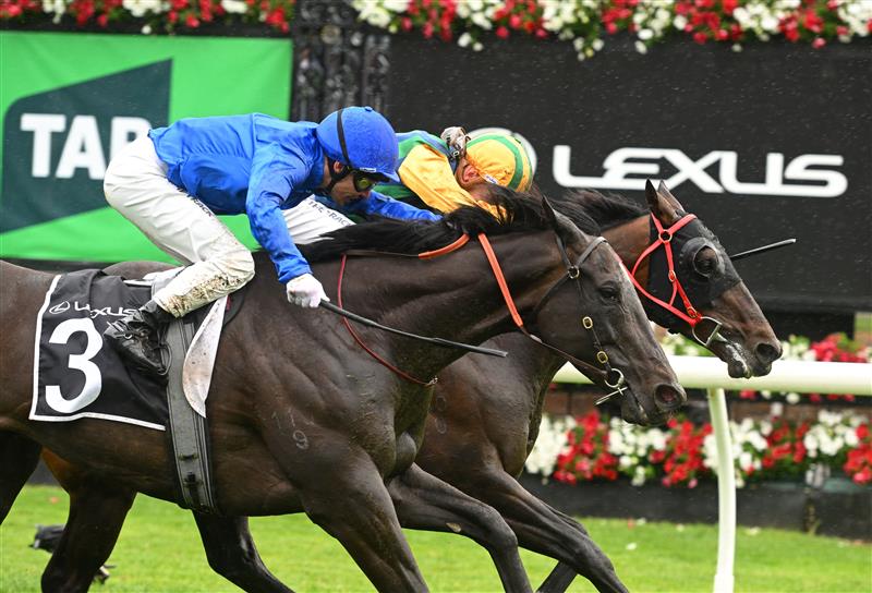 MELBOURNE, AUSTRALIA - NOVEMBER 08: Chad Schofield riding Ceolwulf defeats Ben Melham riding Pericles in Race 7, the Lexus Champions Mile during Champions Day at Flemington Racecourse on November 08, 2025 in Melbourne, Australia. (Photo by Vince Caligiuri/Getty Images)