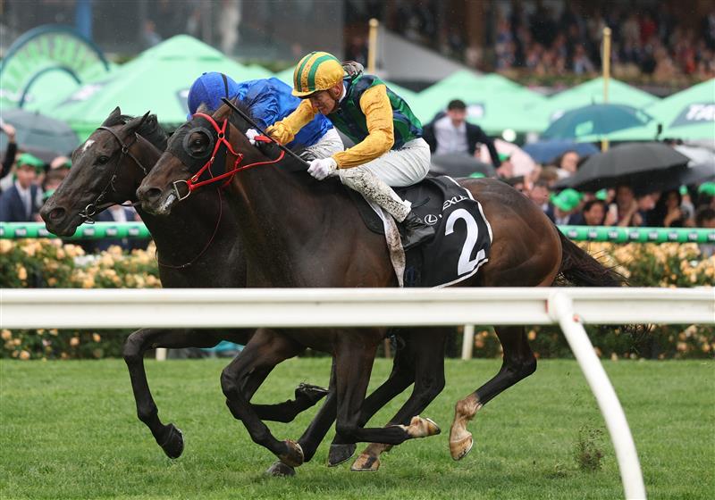MELBOURNE, AUSTRALIA - NOVEMBER 08: Chad Schofield riding #2 Ceolwulf wins race seven the Lexus Champions Mile during Champions Day at Flemington Racecourse on November 08, 2025 in Melbourne, Australia. (Photo by Robert Cianflone/Getty Images)