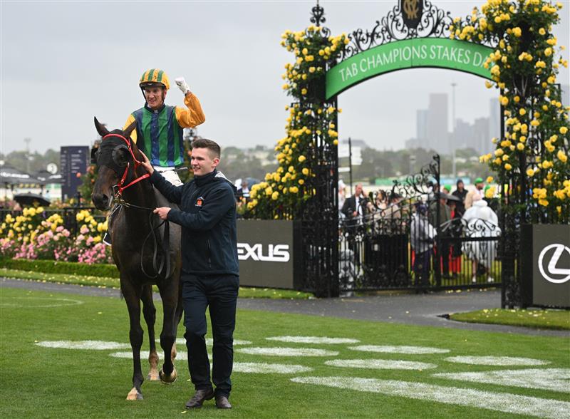 MELBOURNE, AUSTRALIA - NOVEMBER 08: Chad Schofield riding Ceolwulf after winning in Race 7, the Lexus Champions Mile during Champions Day at Flemington Racecourse on November 08, 2025 in Melbourne, Australia. (Photo by Vince Caligiuri/Getty Images)