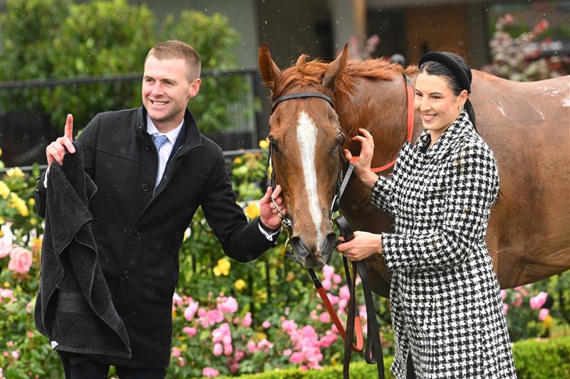 MELBOURNE, AUSTRALIA - NOVEMBER 08: Trainer Clayton Douglas after Giga Kick won Race 6, the Vrc Champions Sprint during Champions Day at Flemington Racecourse on November 08, 2025 in Melbourne, Australia. (Photo by Vince Caligiuri/Getty Images)