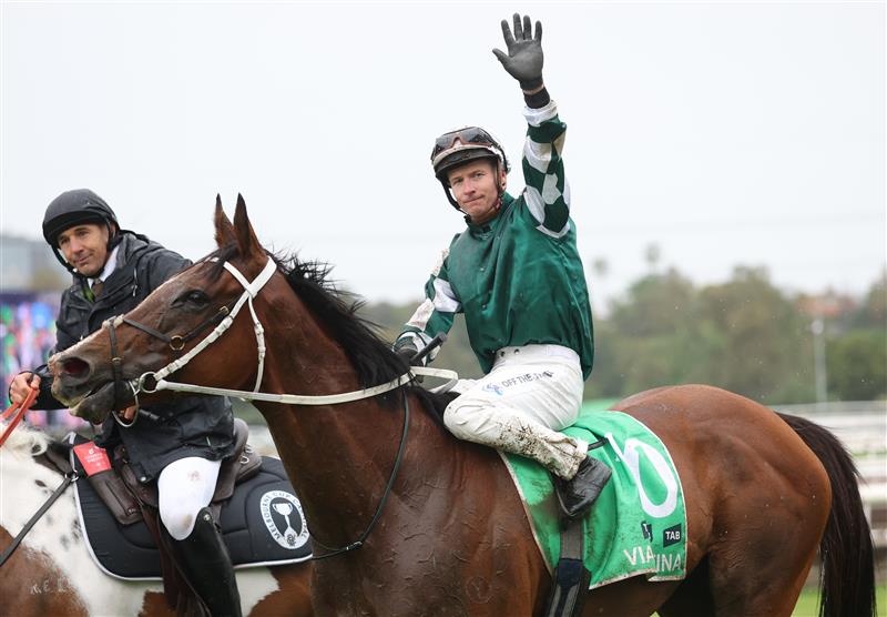 MELBOURNE, AUSTRALIA - NOVEMBER 08: James McDonald riding #10 Via Sistina celebrates after winning race eight the Tab Champions Stakes during Champions Day at Flemington Racecourse on November 08, 2025 in Melbourne, Australia. (Photo by Robert Cianflone/Getty Images)
