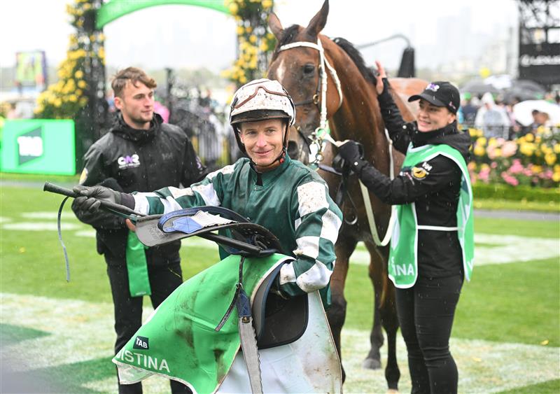 MELBOURNE, AUSTRALIA - NOVEMBER 08: James McDonald riding Via Sistina after winning Race 8, the Tab Champions Stakes  during Champions Day at Flemington Racecourse on November 08, 2025 in Melbourne, Australia. (Photo by Vince Caligiuri/Getty Images)