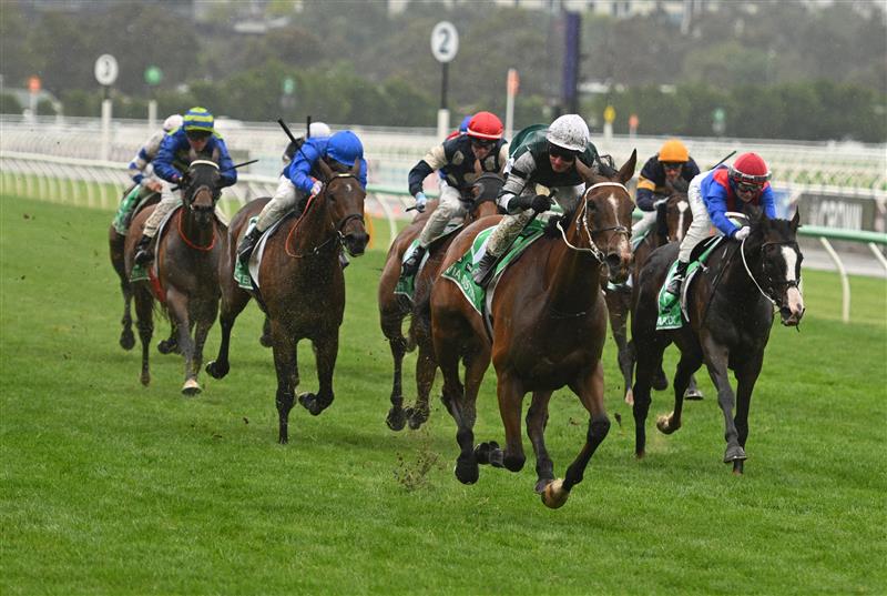 MELBOURNE, AUSTRALIA - NOVEMBER 08: James McDonald riding Via Sistina wins Race 8, the Tab Champions Stakes  during Champions Day at Flemington Racecourse on November 08, 2025 in Melbourne, Australia. (Photo by Vince Caligiuri/Getty Images)