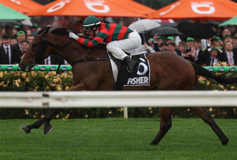 MELBOURNE, AUSTRALIA - NOVEMBER 08: Jamie Melham rides #6 Need Some Luck to win race three the Fisher Stakes during Champions Day at Flemington Racecourse on November 08, 2025 in Melbourne, Australia. (Photo by Robert Cianflone/Getty Images)