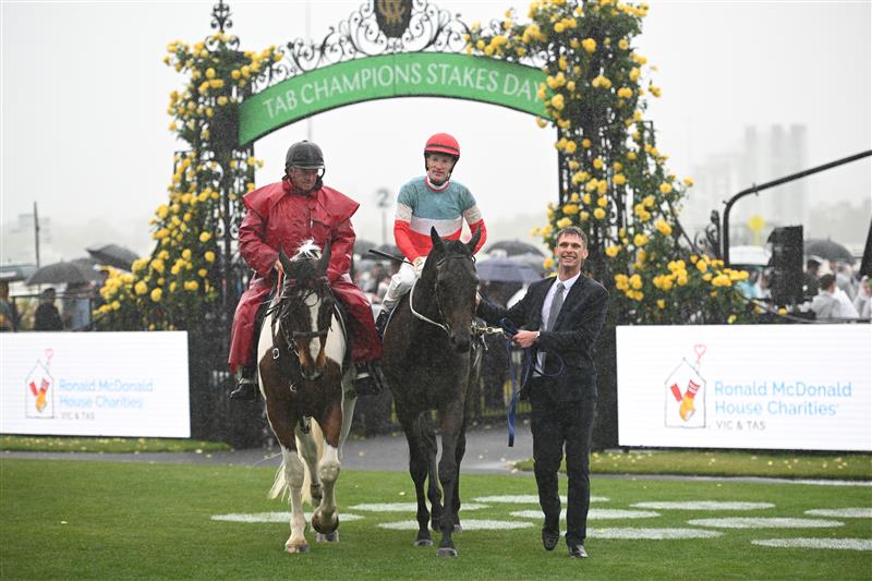MELBOURNE, AUSTRALIA - NOVEMBER 08: Mark Zahra riding Sabaj after winning Race 2, the Ronald Mcdonald House Charities Mile  during Champions Day at Flemington Racecourse on November 08, 2025 in Melbourne, Australia. (Photo by Vince Caligiuri/Getty Images)
