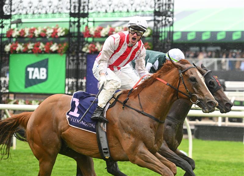 MELBOURNE, AUSTRALIA - NOVEMBER 08: Mark Zahra riding Giga Kick defeats Michael Dee riding Magic Time in Race 6, the Vrc Champions Sprint during Champions Day at Flemington Racecourse on November 08, 2025 in Melbourne, Australia. (Photo by Vince Caligiuri/Getty Images)