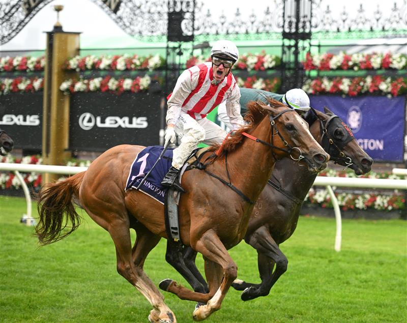 MELBOURNE, AUSTRALIA - NOVEMBER 08: Mark Zahra riding Giga Kick defeats Michael Dee riding Magic Time in Race 6, the Vrc Champions Sprint during Champions Day at Flemington Racecourse on November 08, 2025 in Melbourne, Australia. (Photo by Vince Caligiuri/Getty Images)