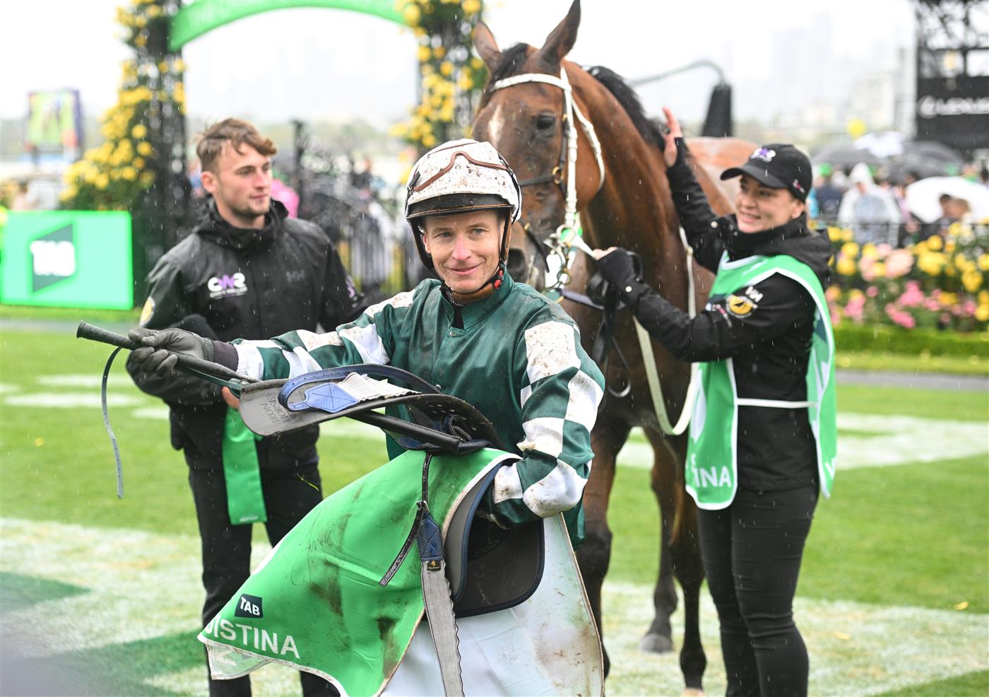 MELBOURNE, AUSTRALIA - NOVEMBER 08: James McDonald riding Via Sistina after winning Race 8, the Tab Champions Stakes  during Champions Day at Flemington Racecourse on November 08, 2025 in Melbourne, Australia. (Photo by Vince Caligiuri/Getty Images)