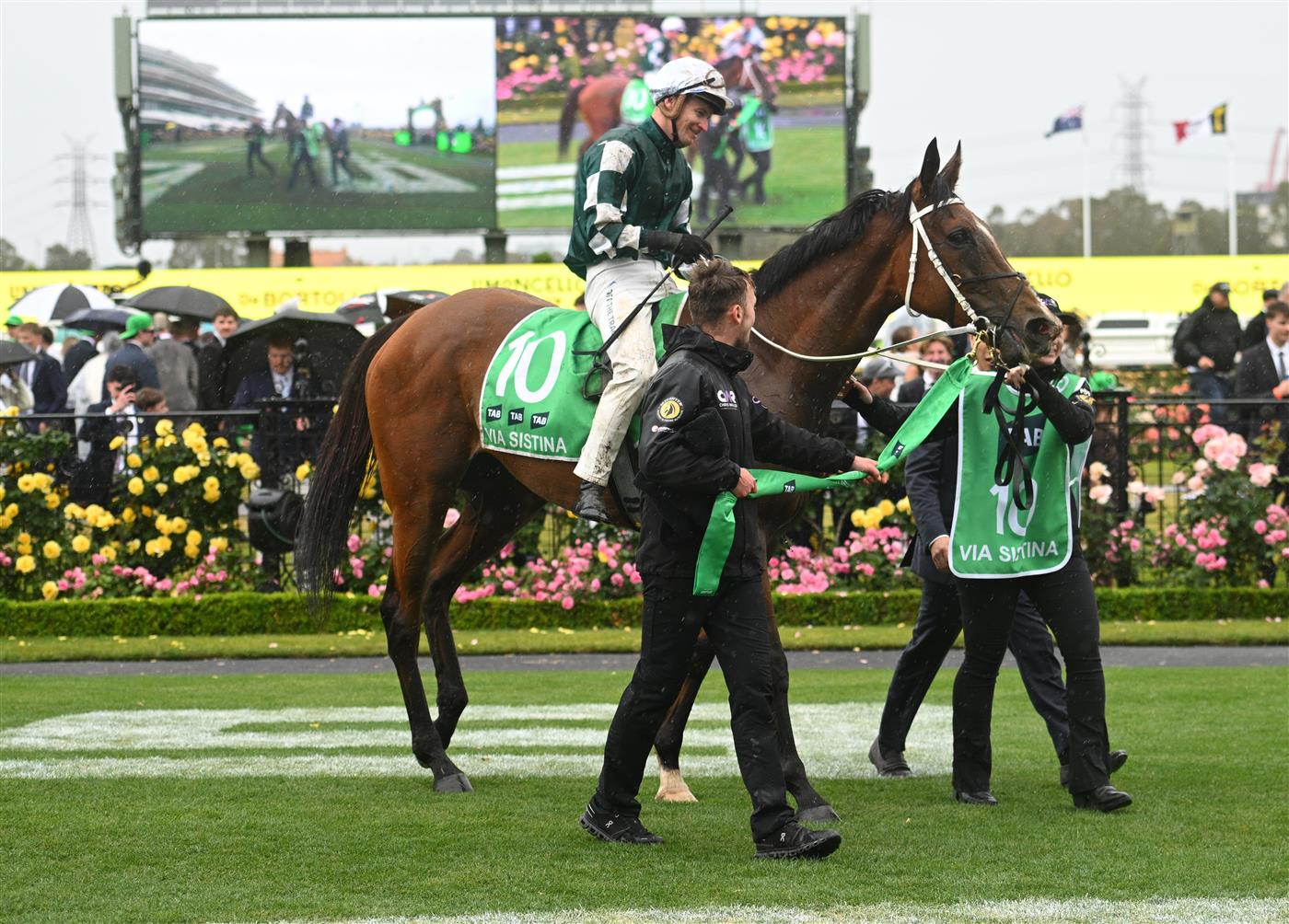 MELBOURNE, AUSTRALIA - NOVEMBER 08: James McDonald riding Via Sistina after winning Race 8, the Tab Champions Stakes  during Champions Day at Flemington Racecourse on November 08, 2025 in Melbourne, Australia. (Photo by Vince Caligiuri/Getty Images)