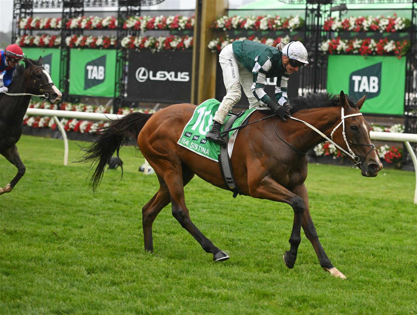 MELBOURNE, AUSTRALIA - NOVEMBER 08: James McDonald riding Via Sistina wins Race 8, the Tab Champions Stakes  during Champions Day at Flemington Racecourse on November 08, 2025 in Melbourne, Australia. (Photo by Vince Caligiuri/Getty Images)