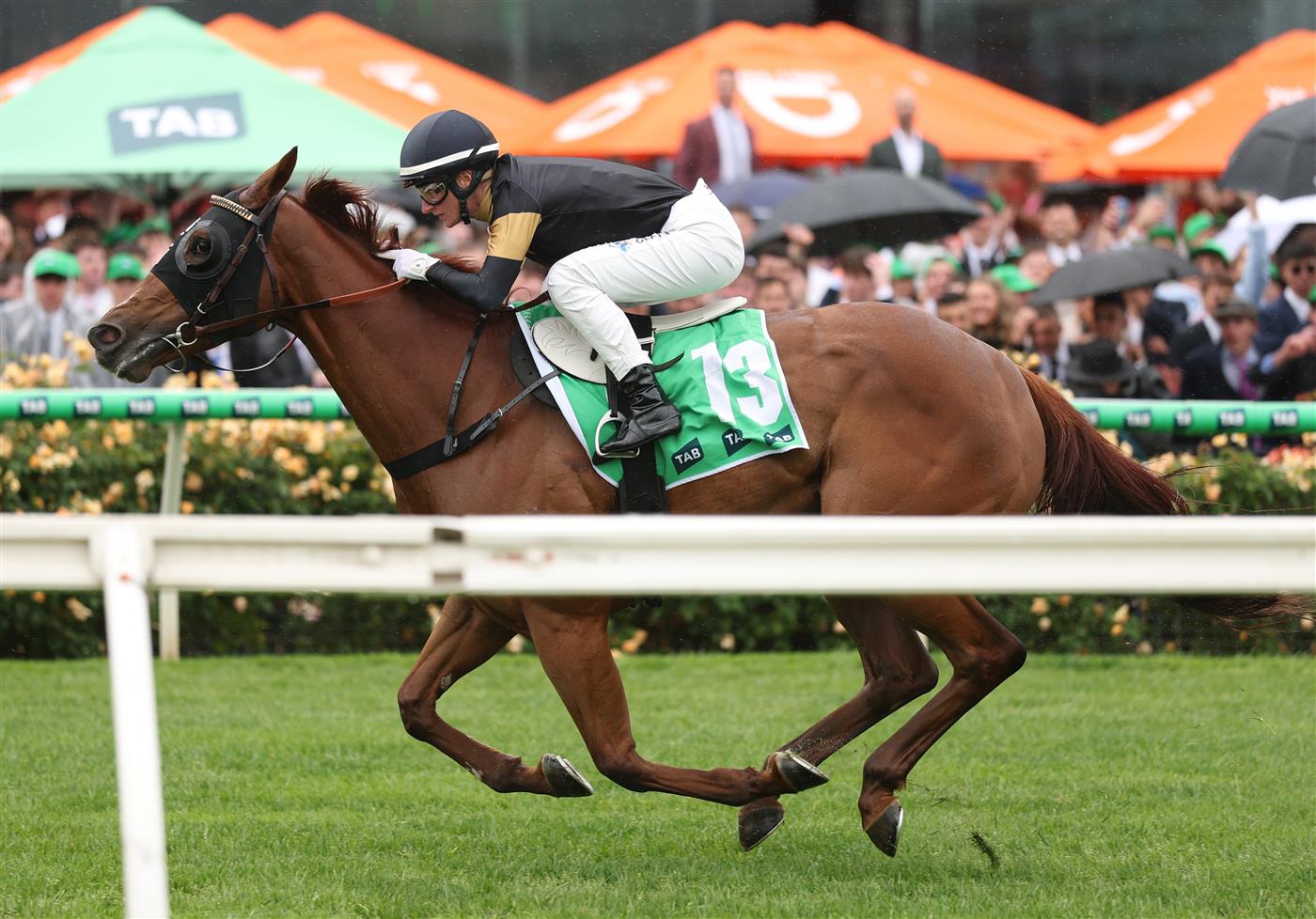 MELBOURNE, AUSTRALIA - NOVEMBER 08: Jamie Melham rides #13 Sunset Park to win race four the Tab Matriarch Stakes during Champions Day at Flemington Racecourse on November 08, 2025 in Melbourne, Australia. (Photo by Robert Cianflone/Getty Images)
