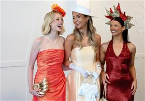 MELBOURNE, AUSTRALIA - NOVEMBER 08: Bella Henry, Emily Ryan-King and Hannah McKnight pose for a photo during 2025 Stakes Day at Flemington Racecourse on November 08, 2025 in Melbourne, Australia. (Photo by Wendell Teodoro/Getty Images)