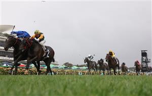MELBOURNE, AUSTRALIA - NOVEMBER 08: Chad Schofield riding #2 Ceolwulf wins race seven the Lexus Champions Mile during Champions Day at Flemington Racecourse on November 08, 2025 in Melbourne, Australia. (Photo by Robert Cianflone/Getty Images)