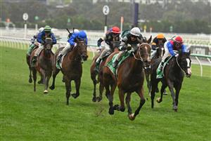 MELBOURNE, AUSTRALIA - NOVEMBER 08: James McDonald riding Via Sistina wins Race 8, the Tab Champions Stakes  during Champions Day at Flemington Racecourse on November 08, 2025 in Melbourne, Australia. (Photo by Vince Caligiuri/Getty Images)