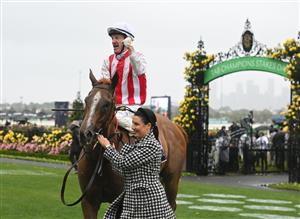 MELBOURNE, AUSTRALIA - NOVEMBER 08: Mark Zahra riding Giga Kick after winning Race 6, the Vrc Champions Sprint during Champions Day at Flemington Racecourse on November 08, 2025 in Melbourne, Australia. (Photo by Vince Caligiuri/Getty Images)
