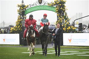 MELBOURNE, AUSTRALIA - NOVEMBER 08: Mark Zahra riding Sabaj after winning Race 2, the Ronald Mcdonald House Charities Mile  during Champions Day at Flemington Racecourse on November 08, 2025 in Melbourne, Australia. (Photo by Vince Caligiuri/Getty Images)