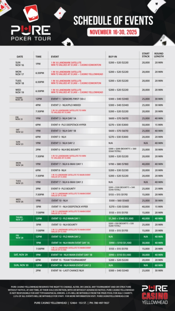 Pure Poker Tour Schedule