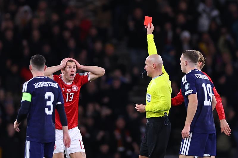 Rasmus Kristensen of Denmark is sent off (Getty Images)