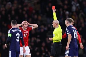 Rasmus Kristensen of Denmark is sent off (Getty Images)