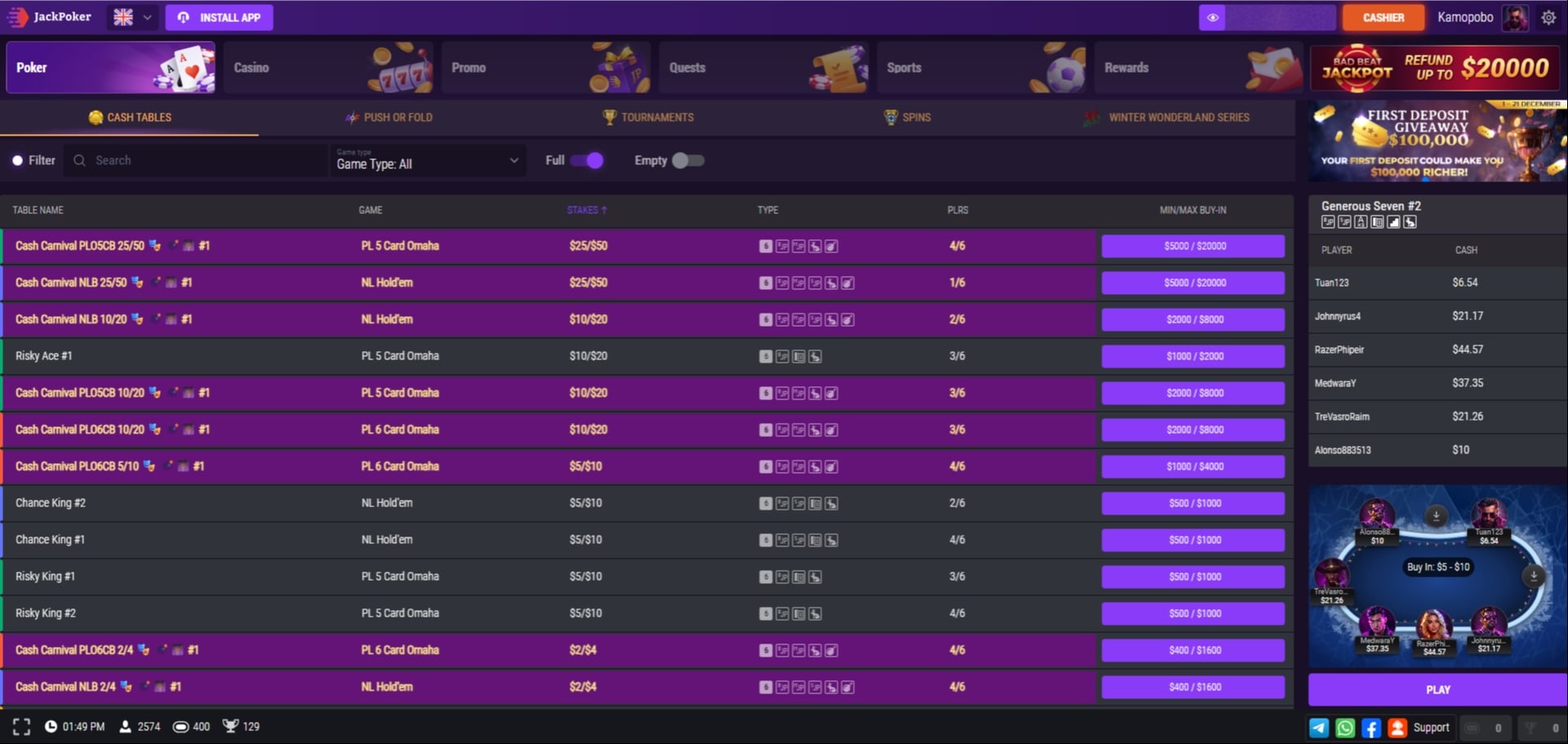 JackPoker Cash Game Lobby
