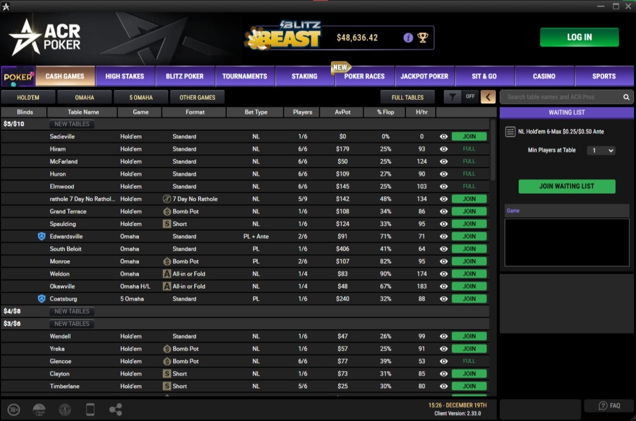 ACR Poker Cash Game Lobby