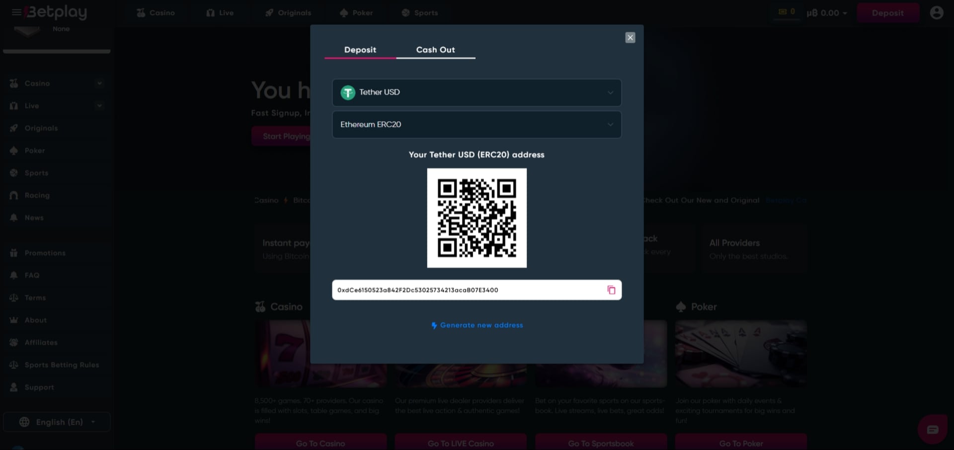 BetPlay.io Deposit Screen