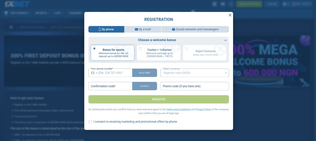 1xBet Nigeria Registration