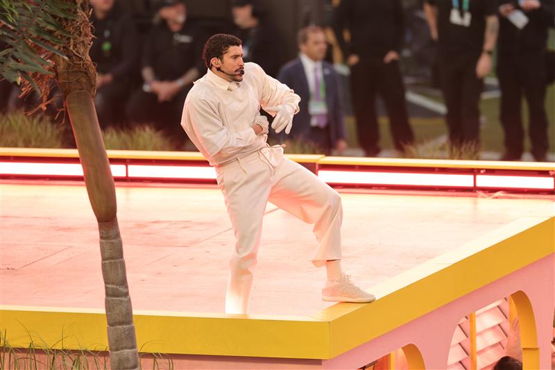 SANTA CLARA, CALIFORNIA - FEBRUARY 08: Bad Bunny performs onstage during the Apple Music Super Bowl LX Halftime Show at Levi
