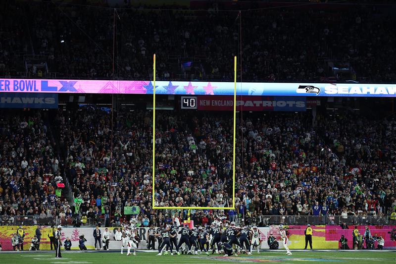 SANTA CLARA, CALIFORNIA - FEBRUARY 08: Jason Myers #5 of the Seattle Seahawks kicks his fifth field goal of the game during the fourth quarter of Super Bowl LX against the New England Patriots at Levi