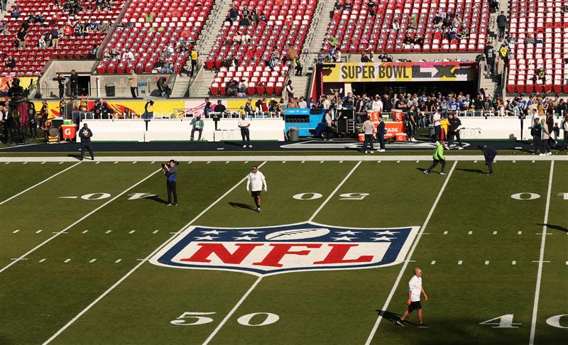 The NFL logo is seen on the field ahead of Super Bowl LX between the New England Patriots and the Seattle Seahawks