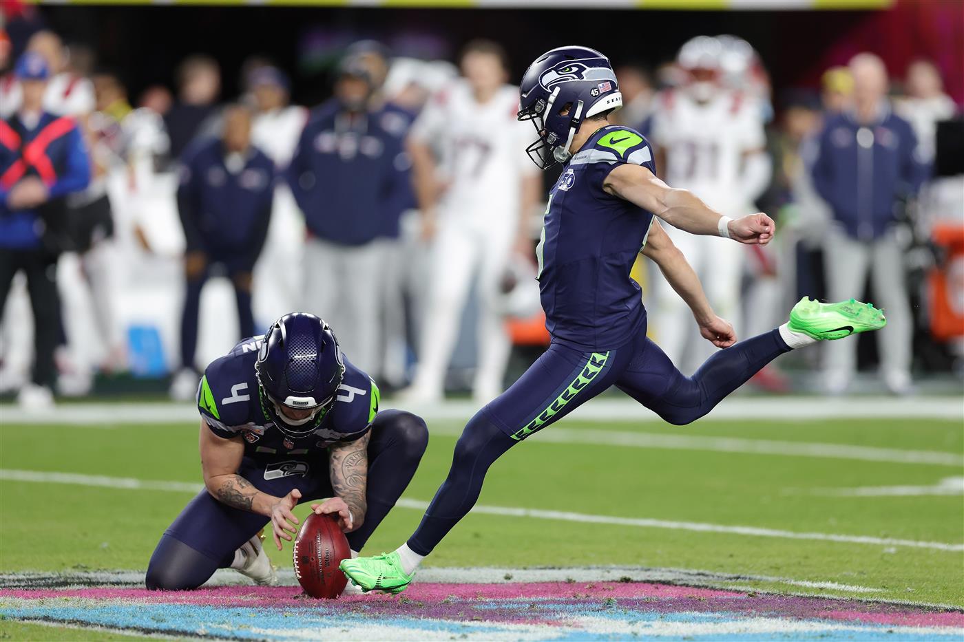 SANTA CLARA, CALIFORNIA - FEBRUARY 08: Jason Myers #5 of the Seattle Seahawks kicks his fourth field goal of the game during the third quarter of Super Bowl LX against the New England Patriots at Levi