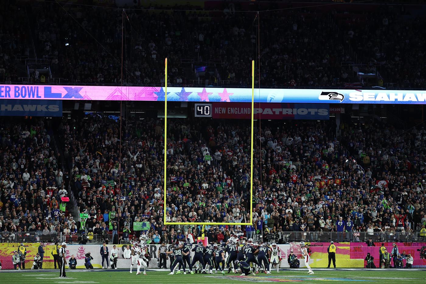 SANTA CLARA, CALIFORNIA - FEBRUARY 08: Jason Myers #5 of the Seattle Seahawks kicks his fifth field goal of the game during the fourth quarter of Super Bowl LX against the New England Patriots at Levi